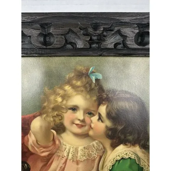Vintage Victorian Lithograph Boy & Girl Print In Solid Wood Frame 20” X 24”
